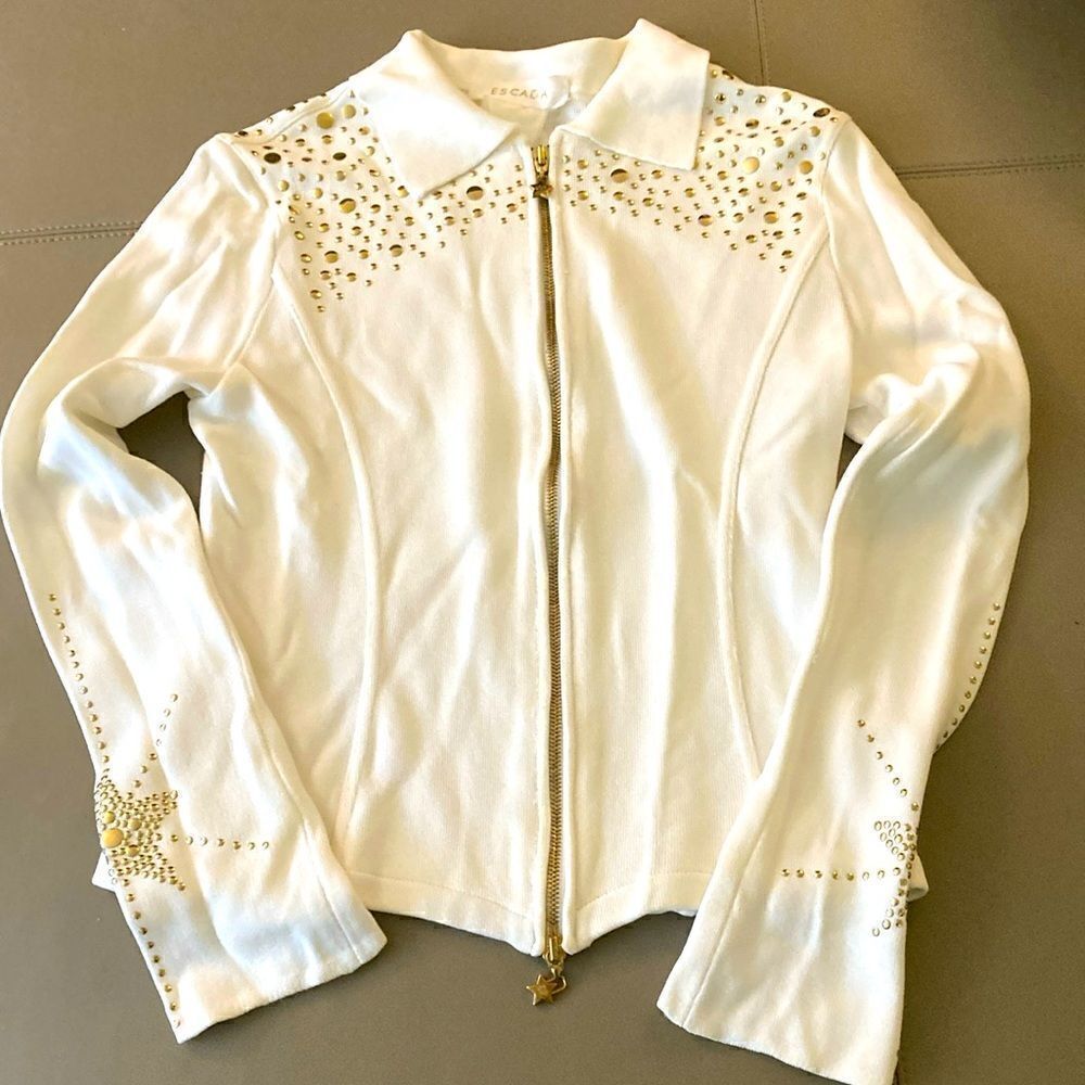 Escada Woman’s White & Gold Studded Cropped Jacket Full Double Zipper. Size 4.